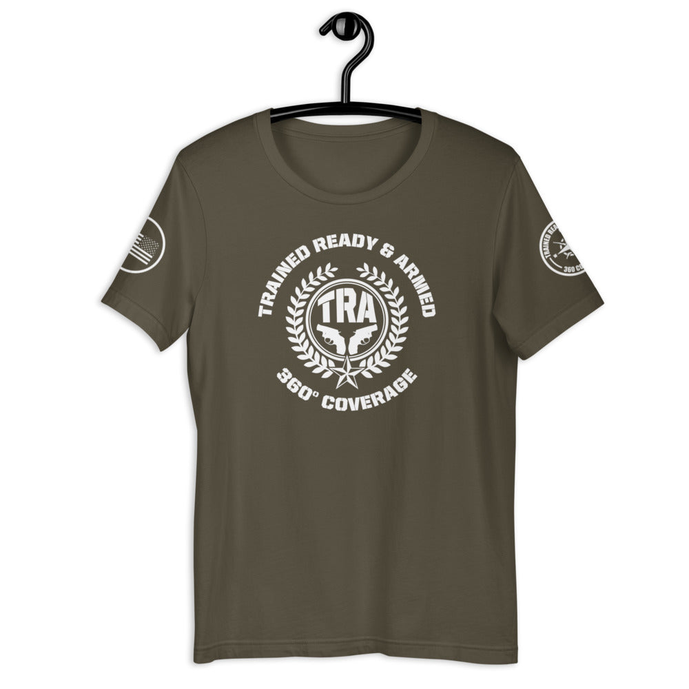 TRA Wreath with American Flag on Right Sleeve in Circle Short-Sleeve Men's T-Shirt - Trained Ready Armed Apparel